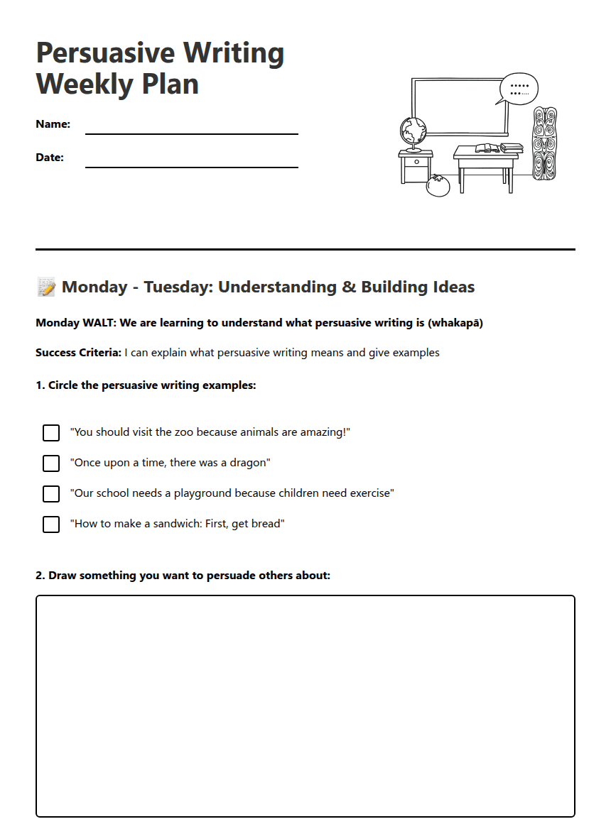 Persuasive Writing Weekly Plan worksheet preview