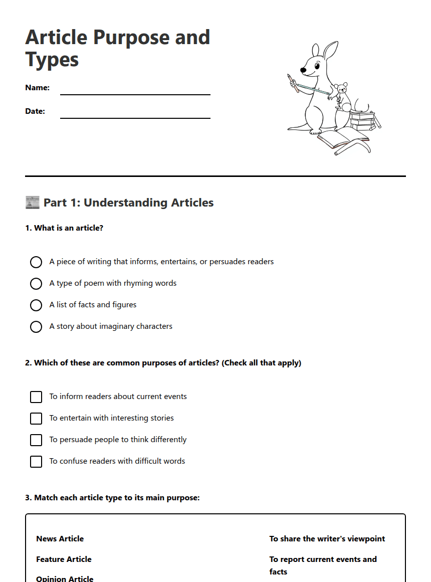 Article Purpose and Types worksheet preview