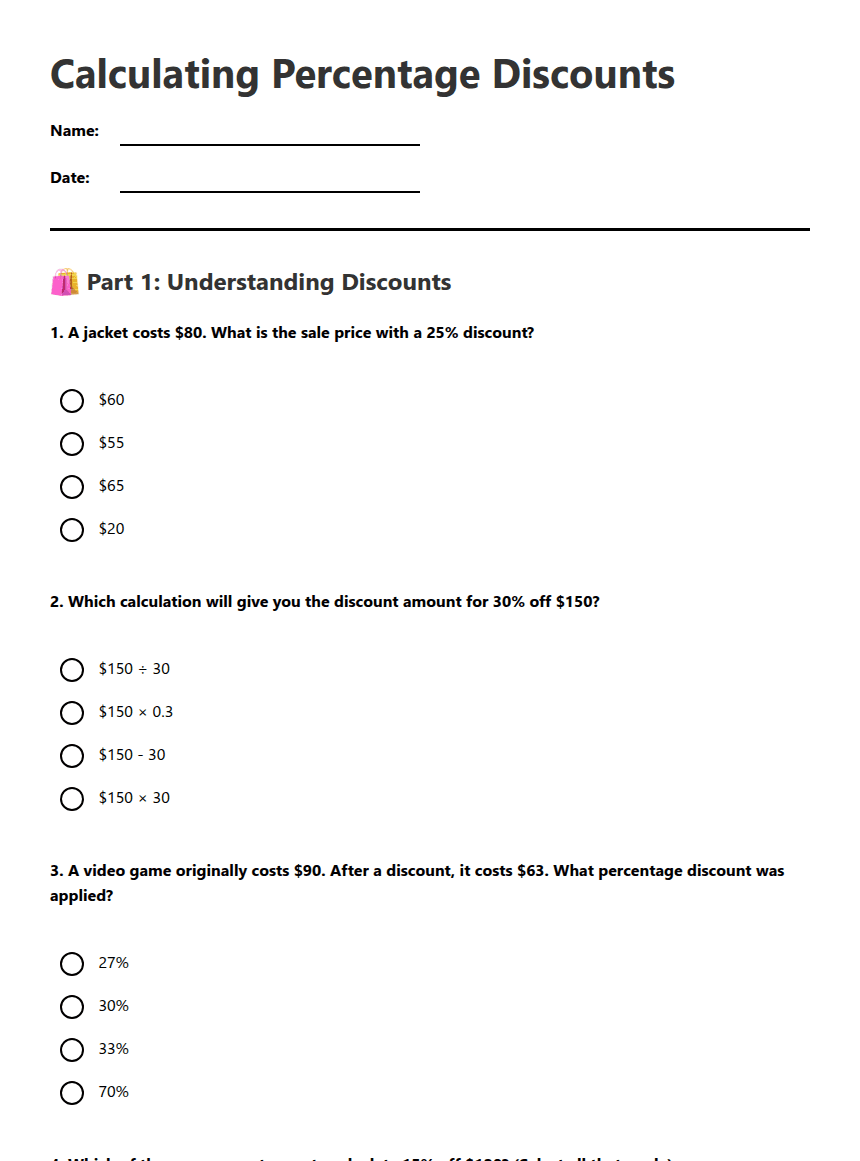 Calculating Percentage Discounts worksheet preview
