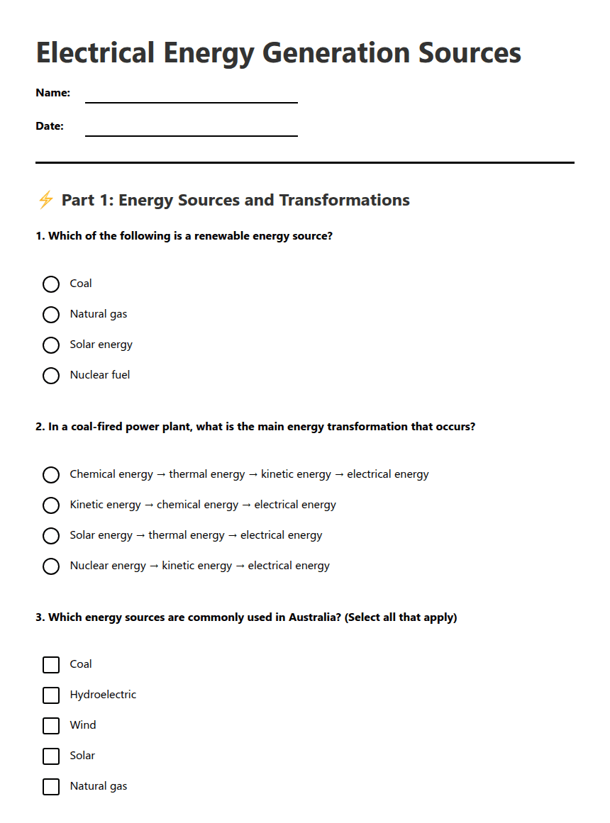 Electrical Energy Generation Sources worksheet preview