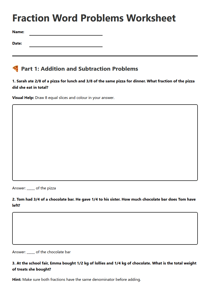 Fraction Word Problems Worksheet worksheet preview