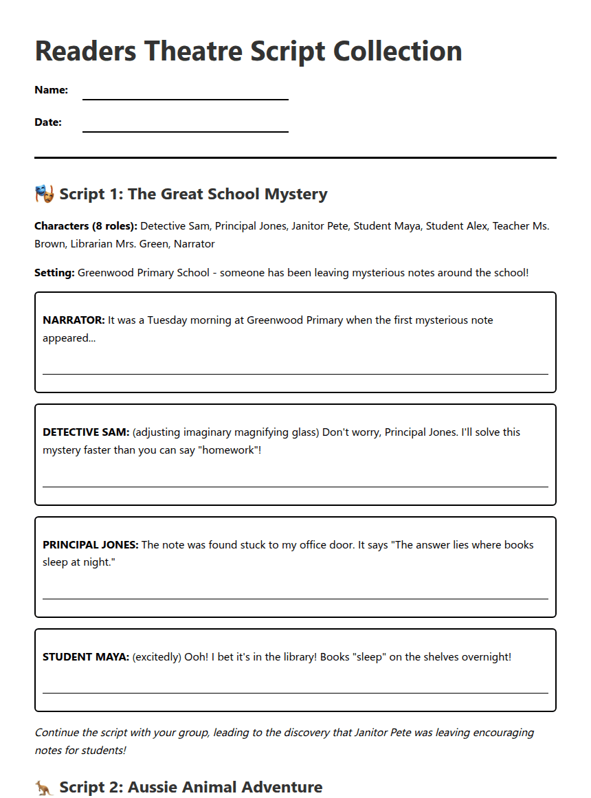 Readers Theatre Script Collection worksheet preview