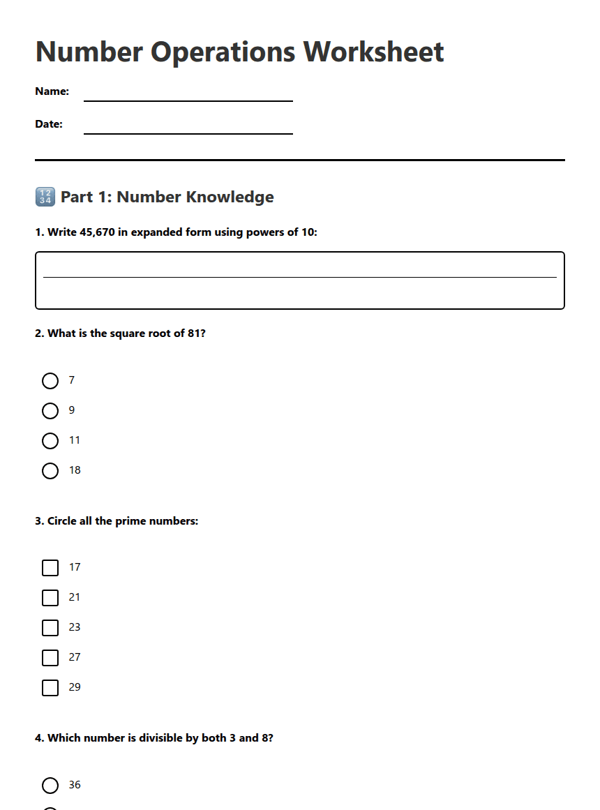 Number Operations Worksheet worksheet preview