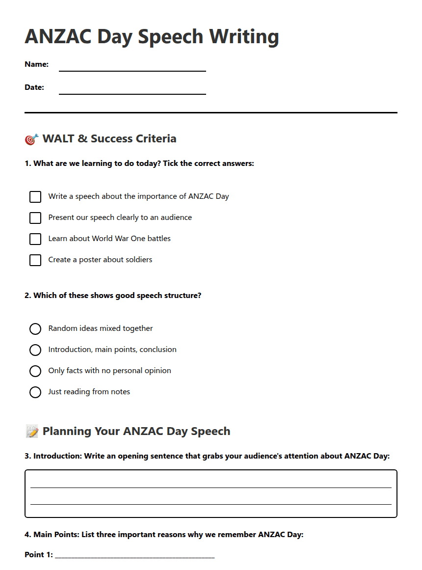ANZAC Day Speech Writing worksheet preview