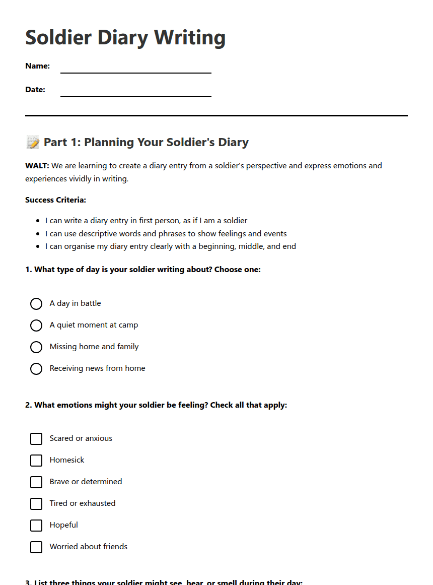 Soldier Diary Writing worksheet preview