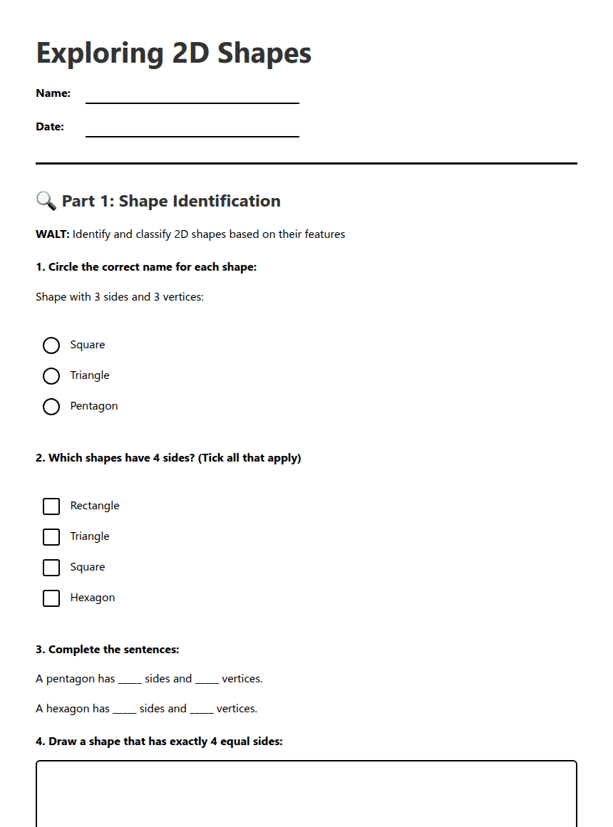 Exploring 2D Shapes worksheet preview