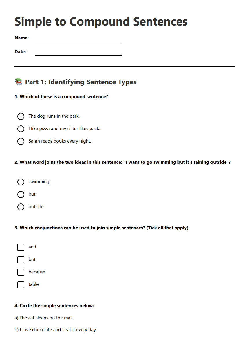 Simple to Compound Sentences worksheet preview