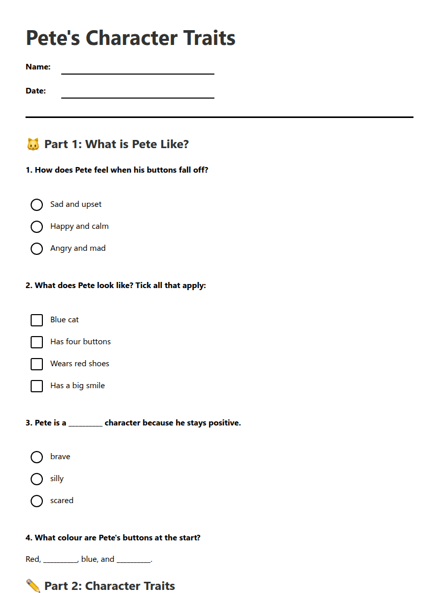 Pete's Character Traits worksheet preview