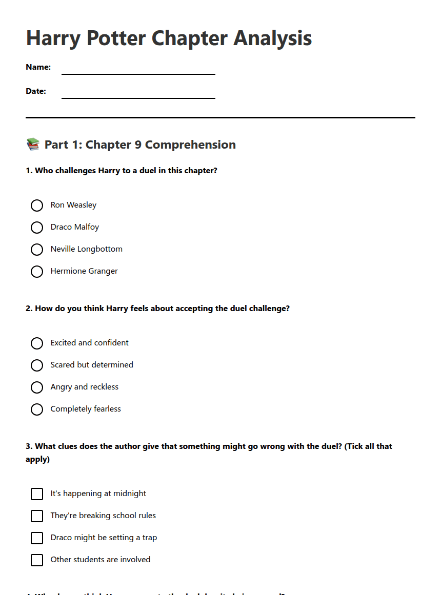 Harry Potter Chapter Analysis worksheet preview