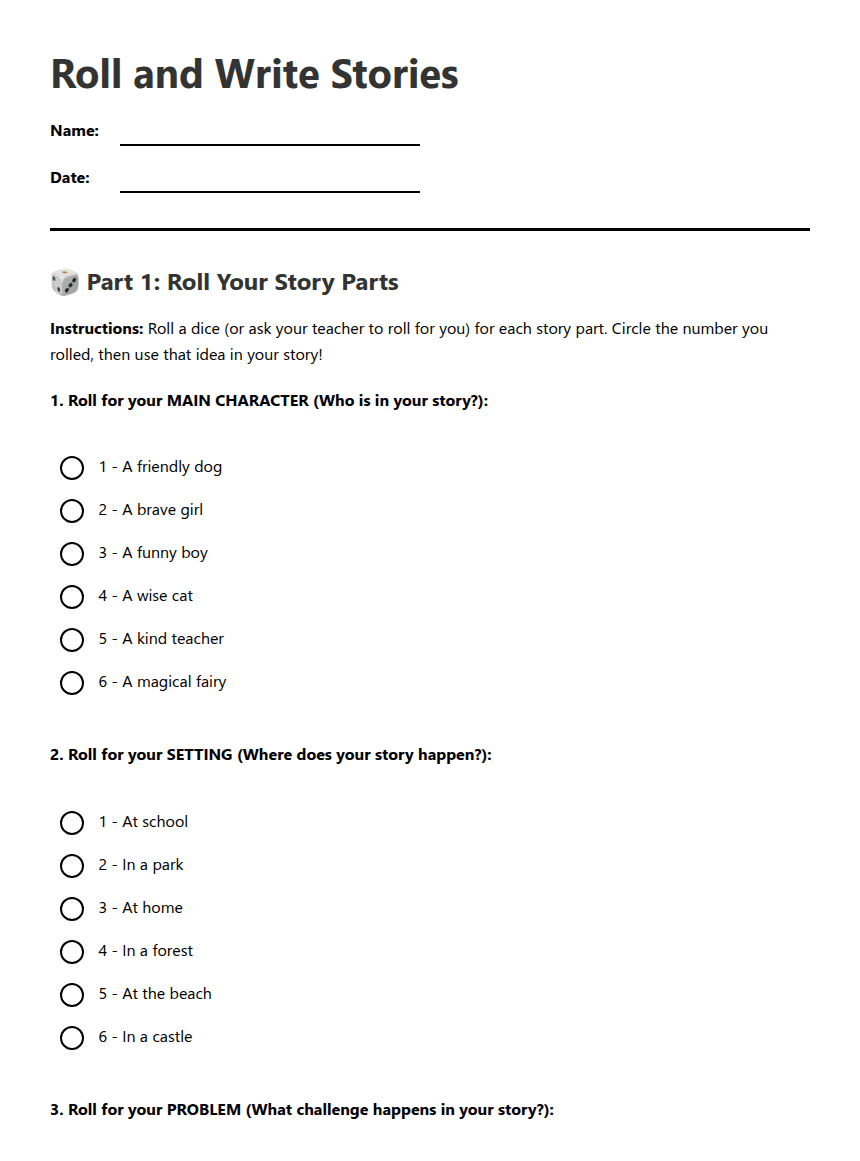 Roll and Write Stories worksheet preview