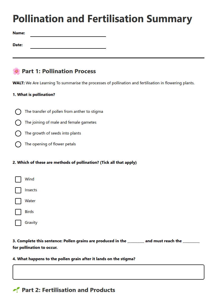 Pollination and Fertilisation Summary worksheet preview