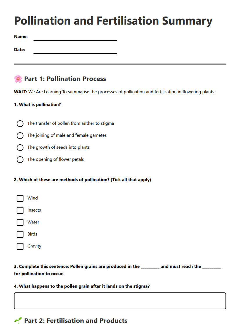 Pollination and Fertilisation Summary