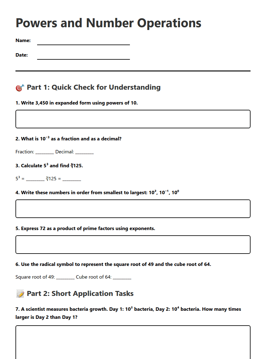Powers and Number Operations worksheet preview