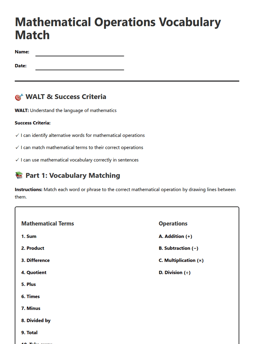 Mathematical Operations Vocabulary Match