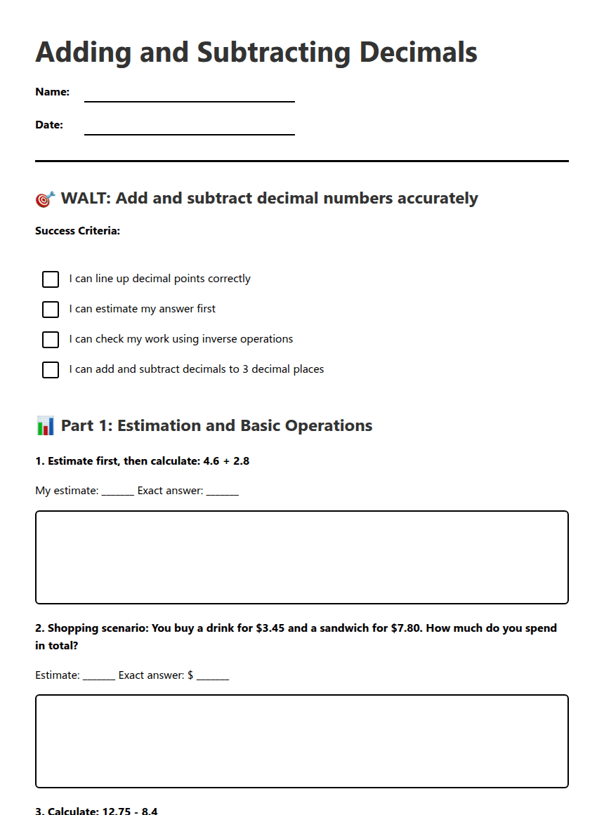 Adding Subtracting Decimals worksheet preview