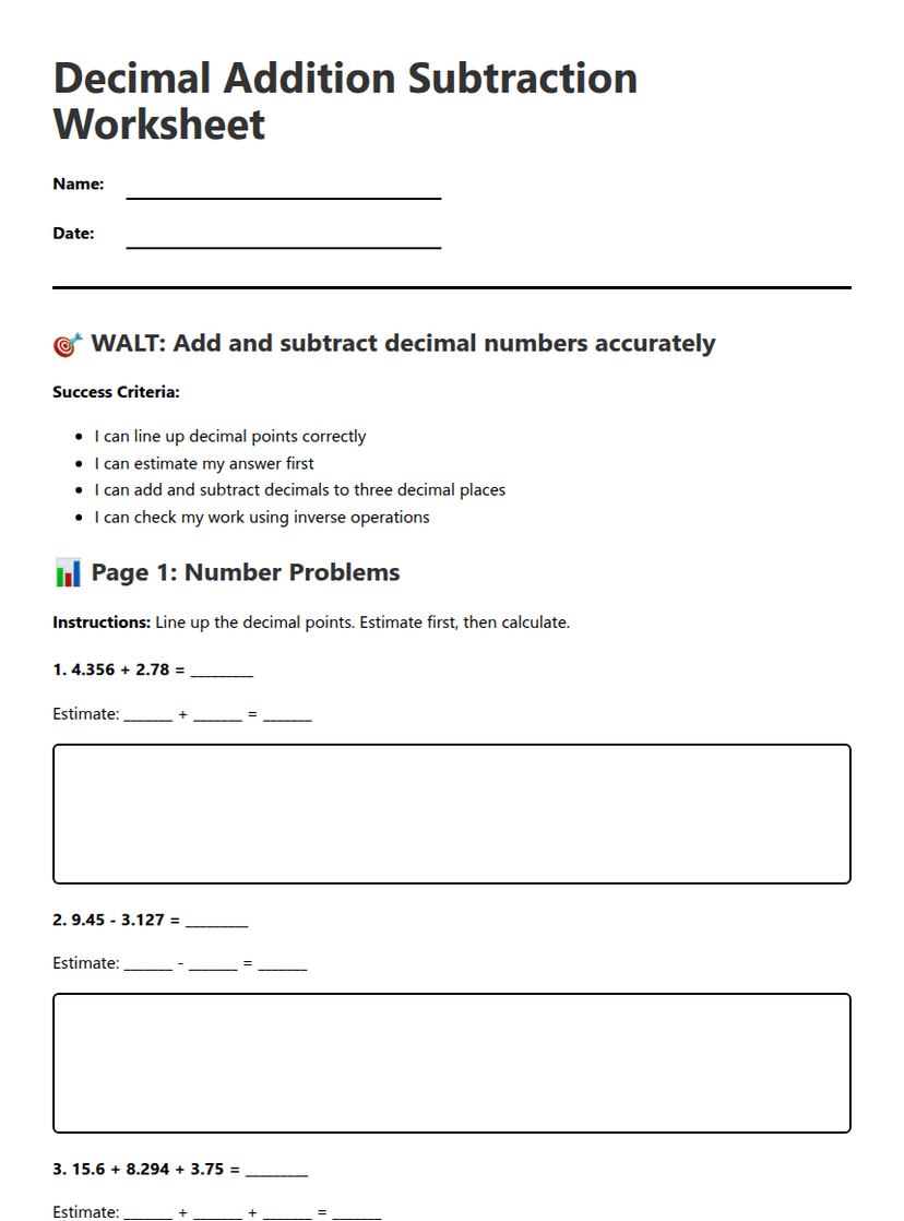 Decimal Addition Subtraction Worksheet