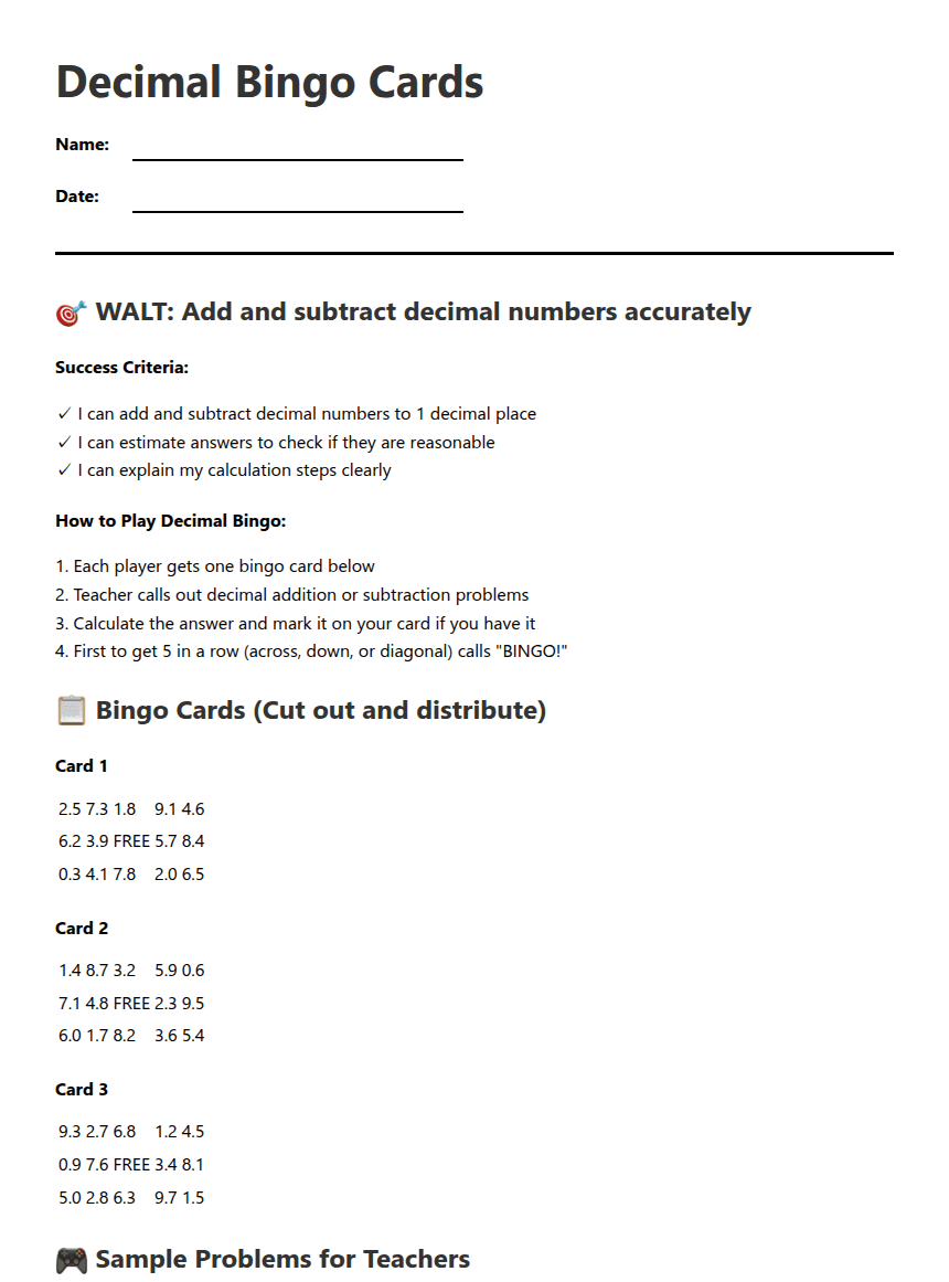 Decimal Bingo Cards worksheet preview