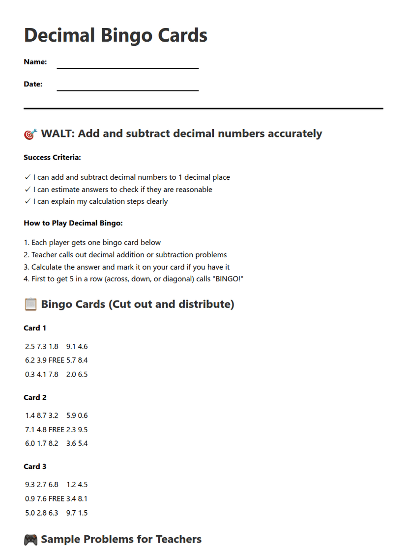 Decimal Bingo Cards