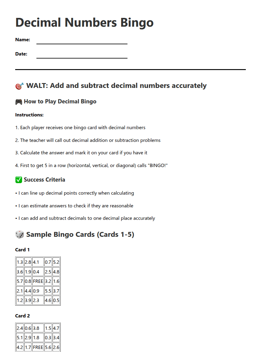 Decimal Numbers Bingo worksheet preview