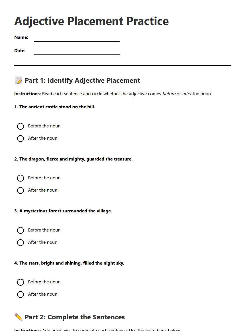Adjective Placement Practice worksheet preview