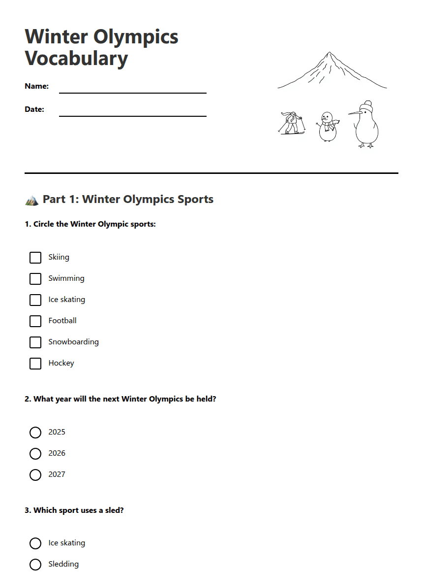 Winter Olympics Vocabulary worksheet preview
