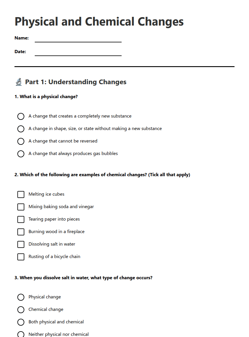 Physical and Chemical Changes worksheet preview