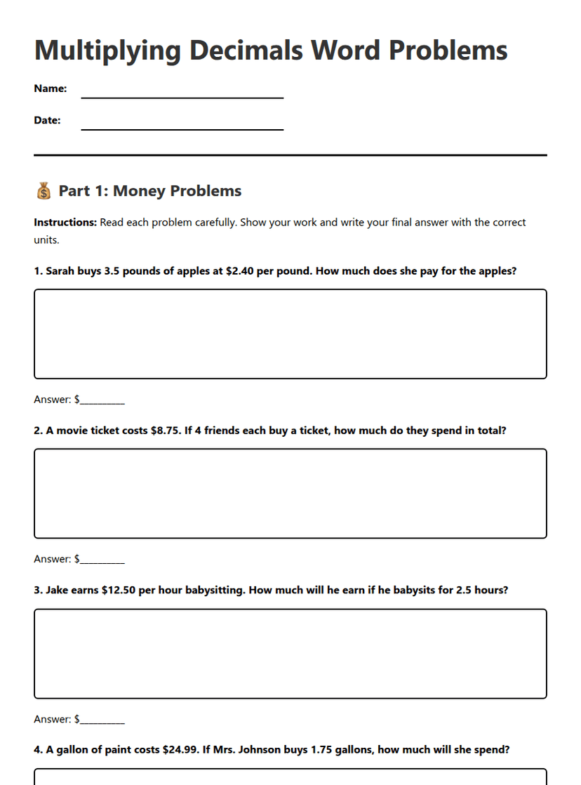 Multiplying Decimals Word Problems