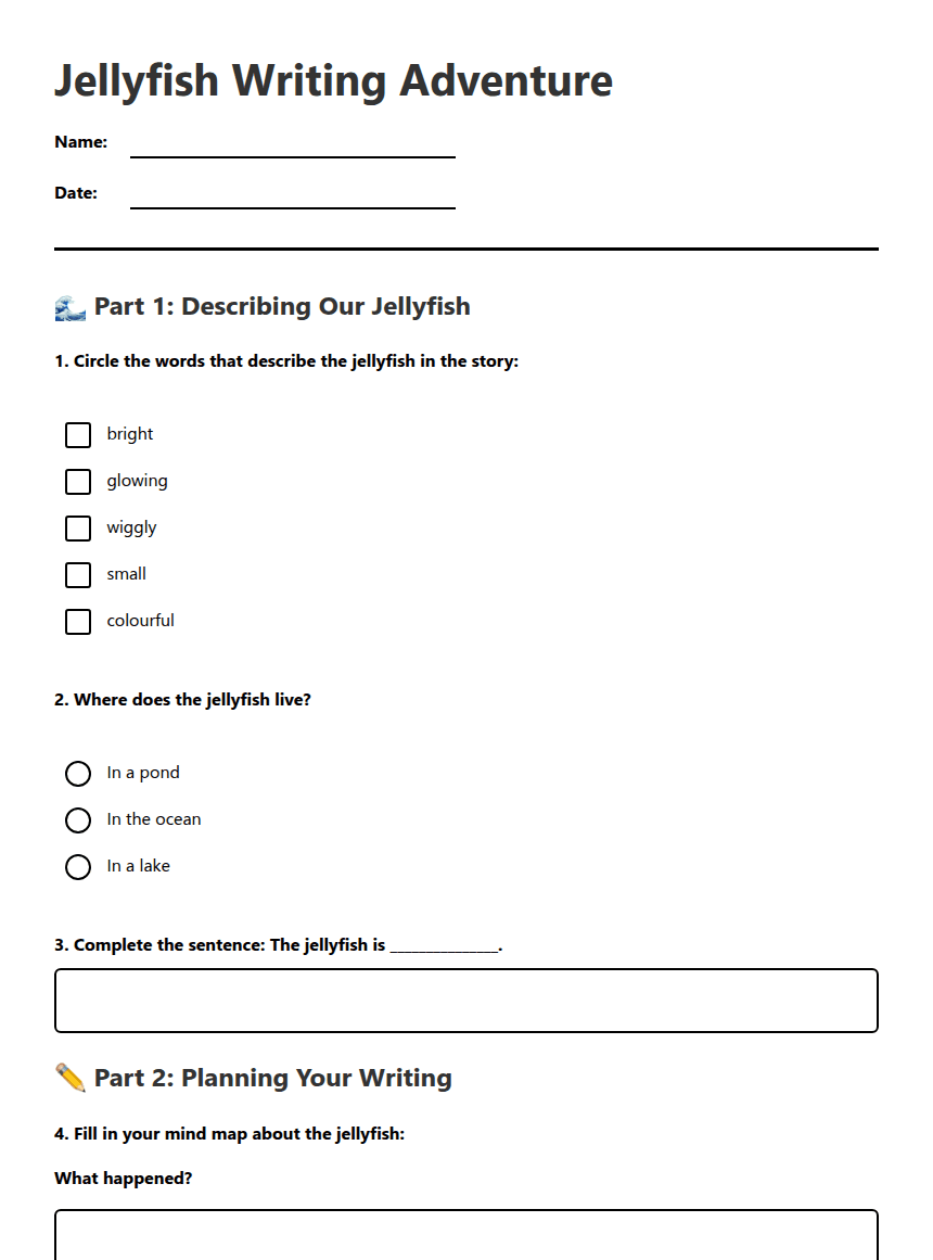 Jellyfish Writing Adventure worksheet preview