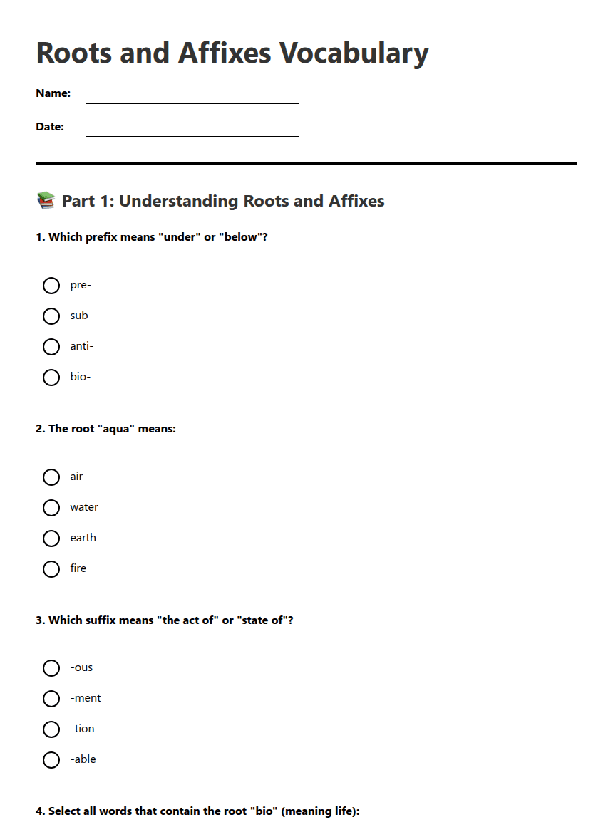 Roots and Affixes Vocabulary worksheet preview