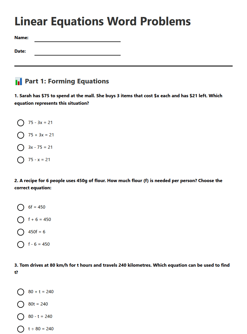 Linear Equations Word Problems worksheet preview