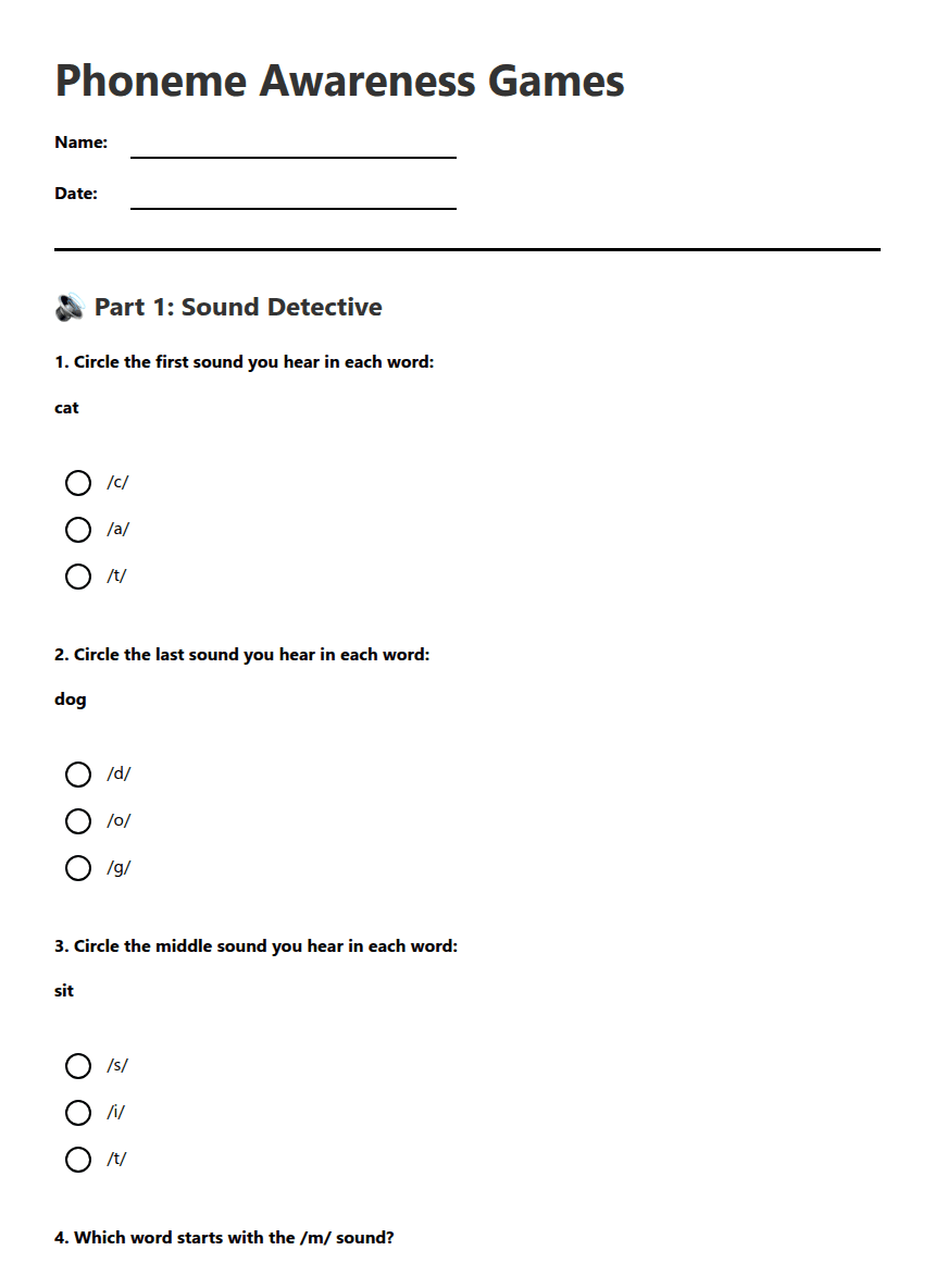 Phoneme Awareness Games worksheet preview