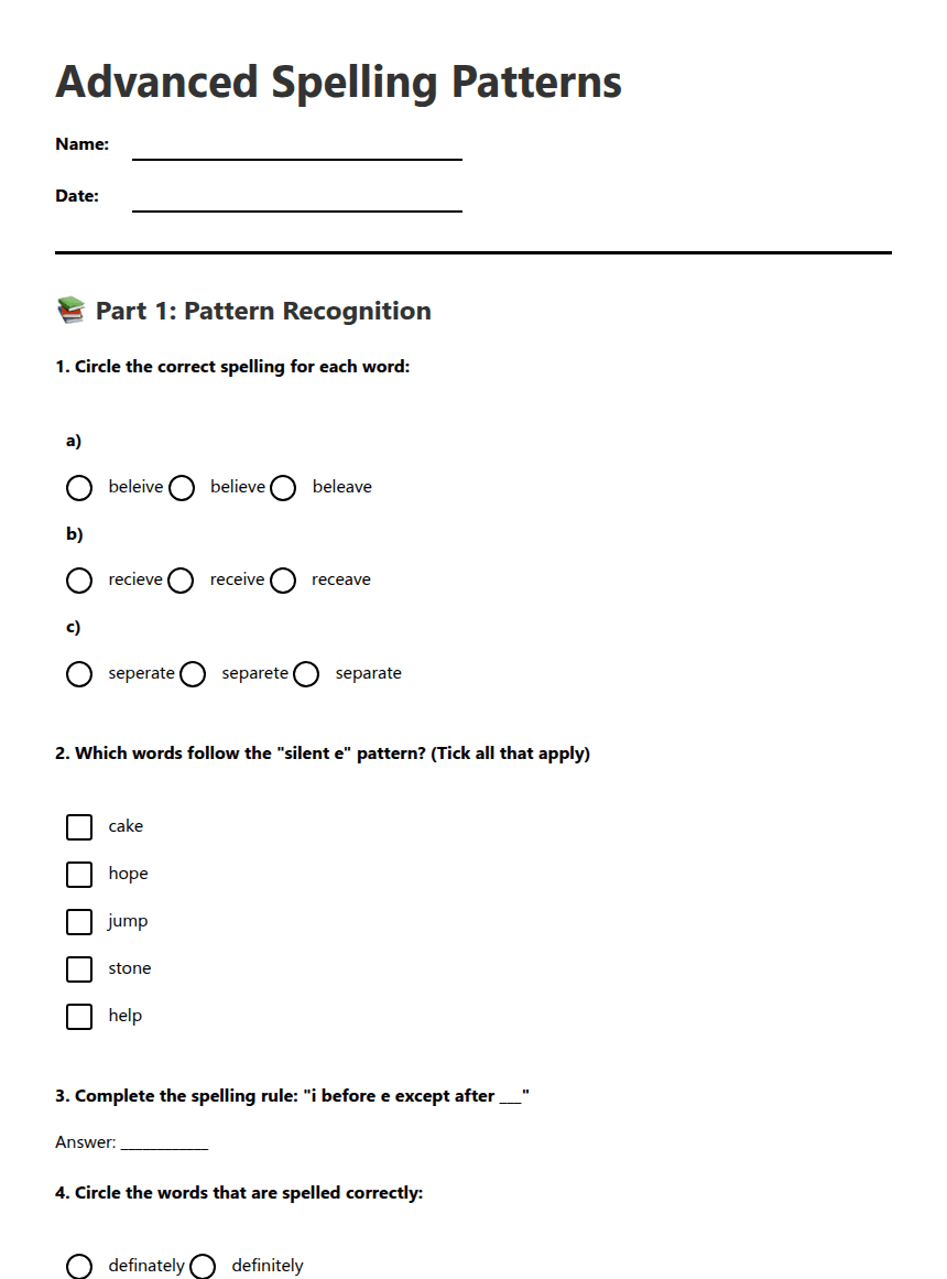 Advanced Spelling Patterns worksheet preview