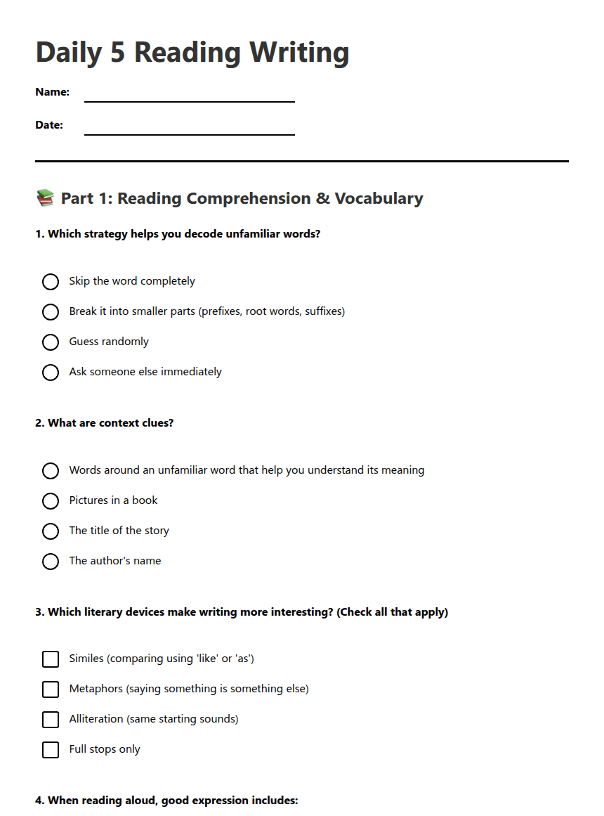 Daily 5 Reading Writing worksheet preview