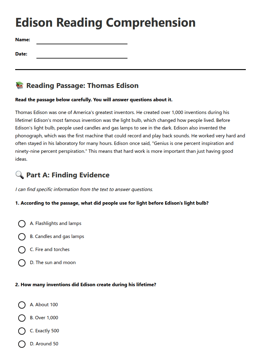 Edison Reading Comprehension worksheet preview