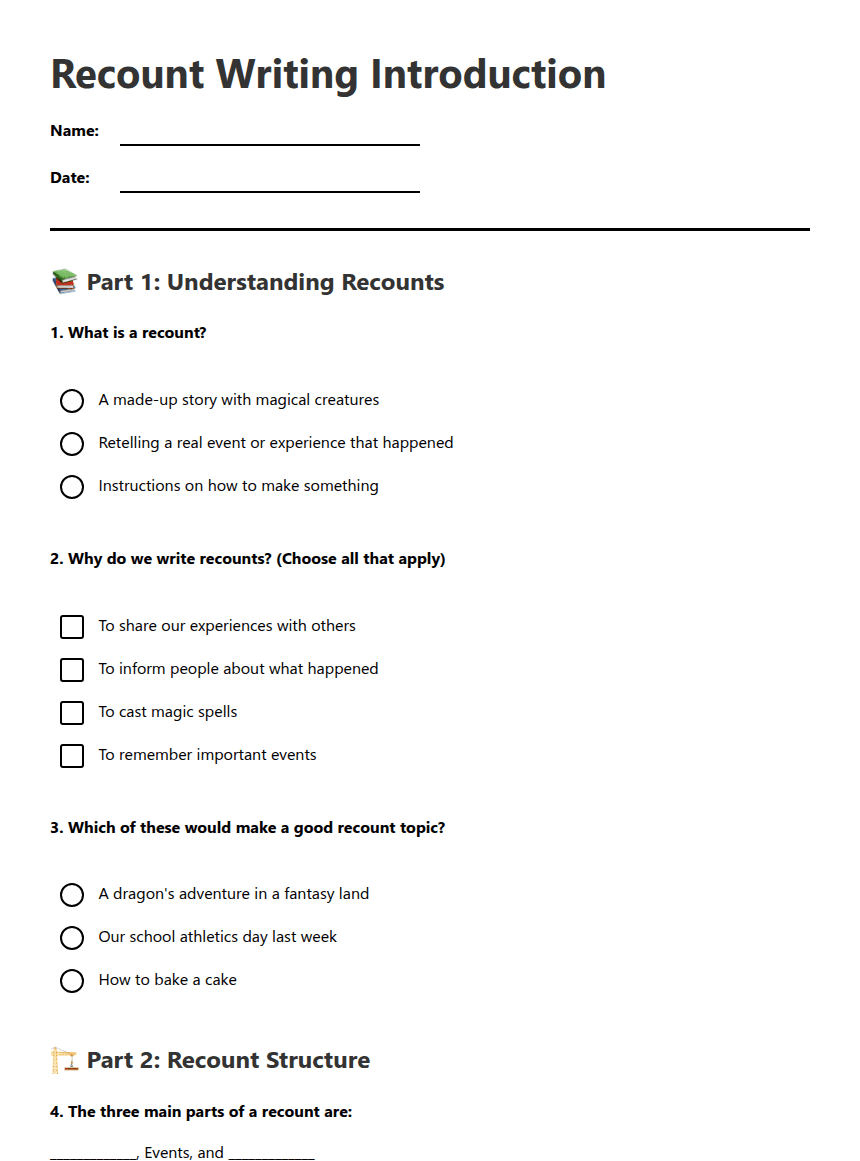 Recount Writing Introduction worksheet preview