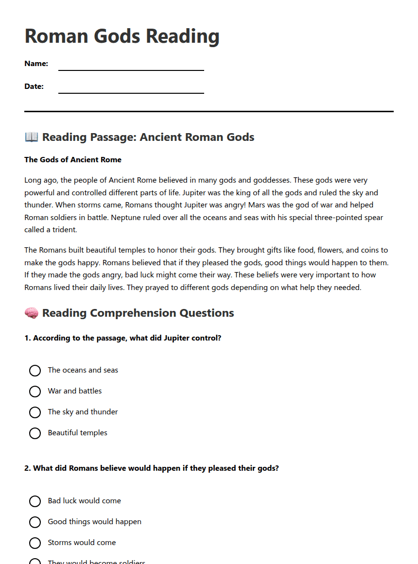Roman Gods Reading worksheet preview