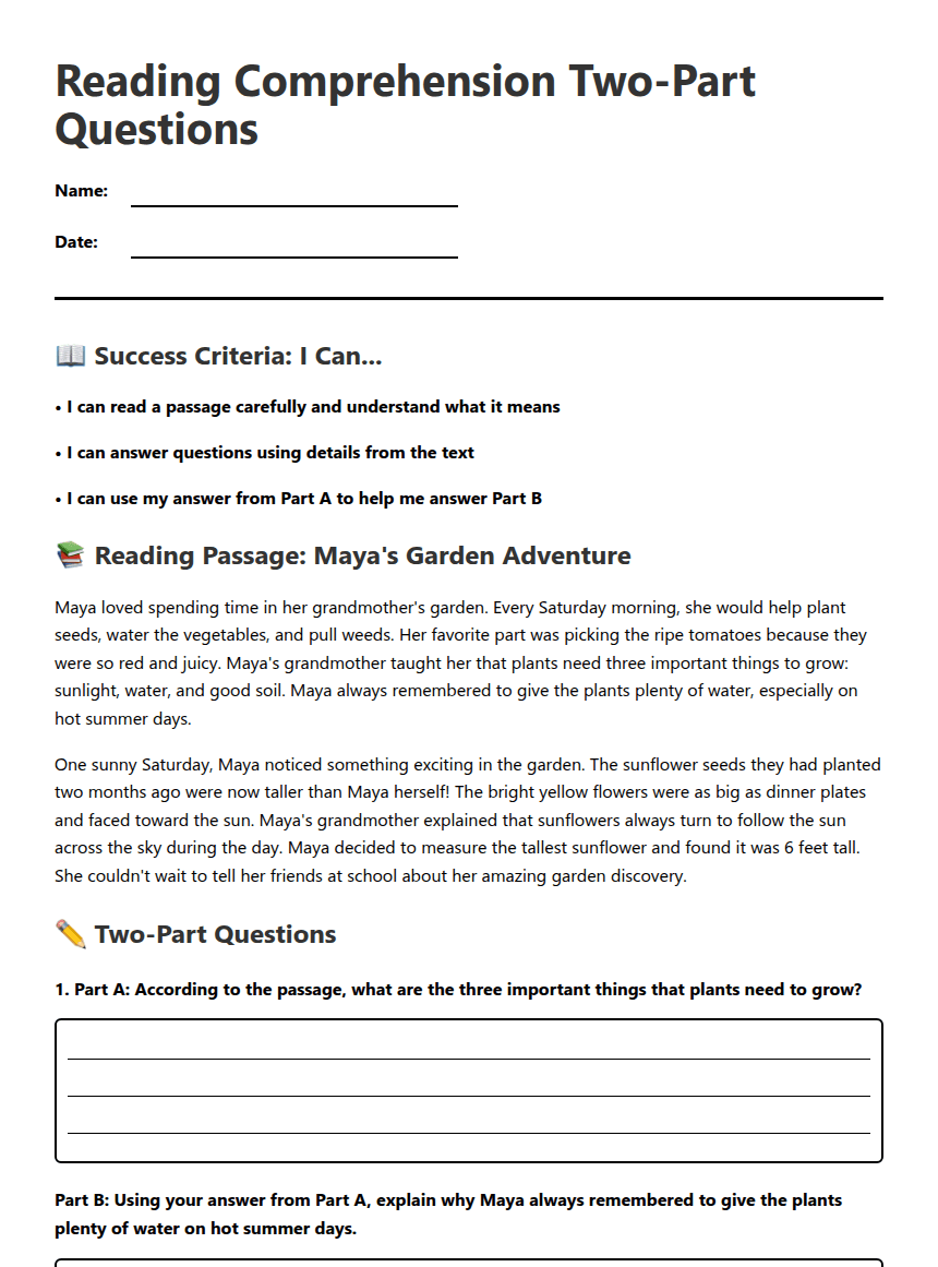 Reading Comprehension Two-Part Questions worksheet preview