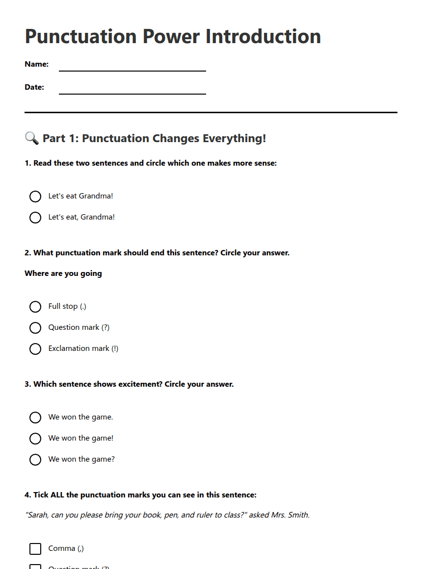 Punctuation Power Introduction worksheet preview