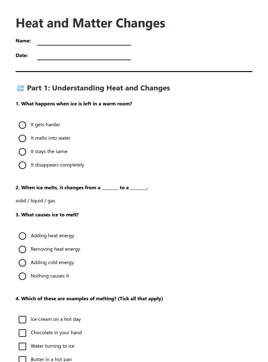 Heat and Matter Changes worksheet preview