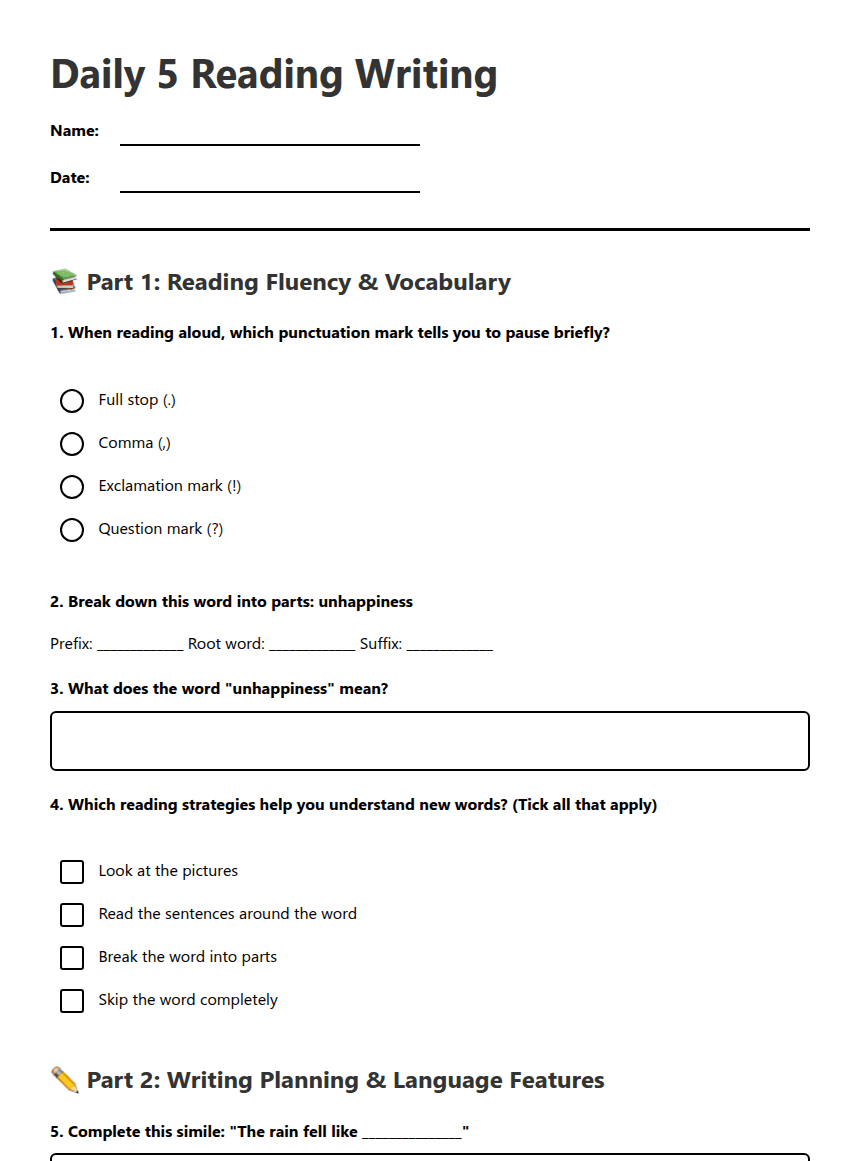 Daily 5 Reading Writing worksheet preview