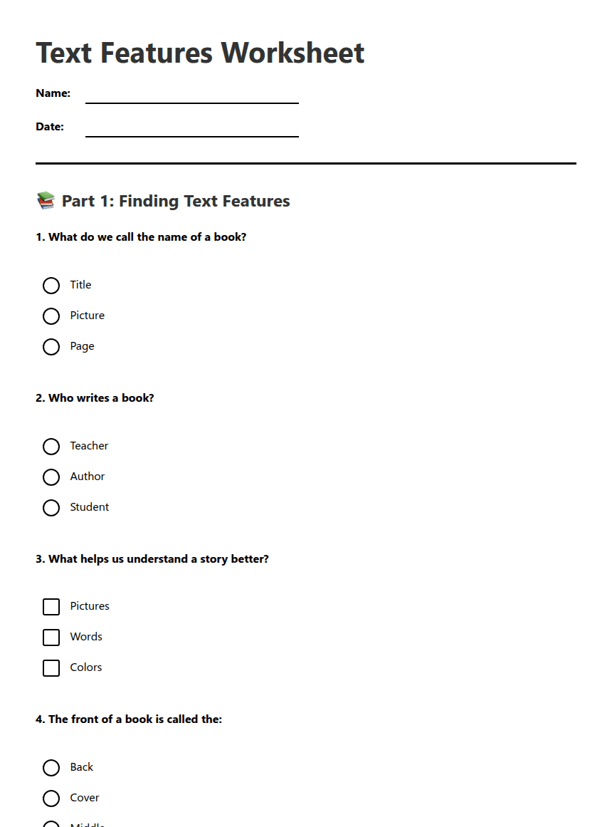 Text Features Worksheet worksheet preview