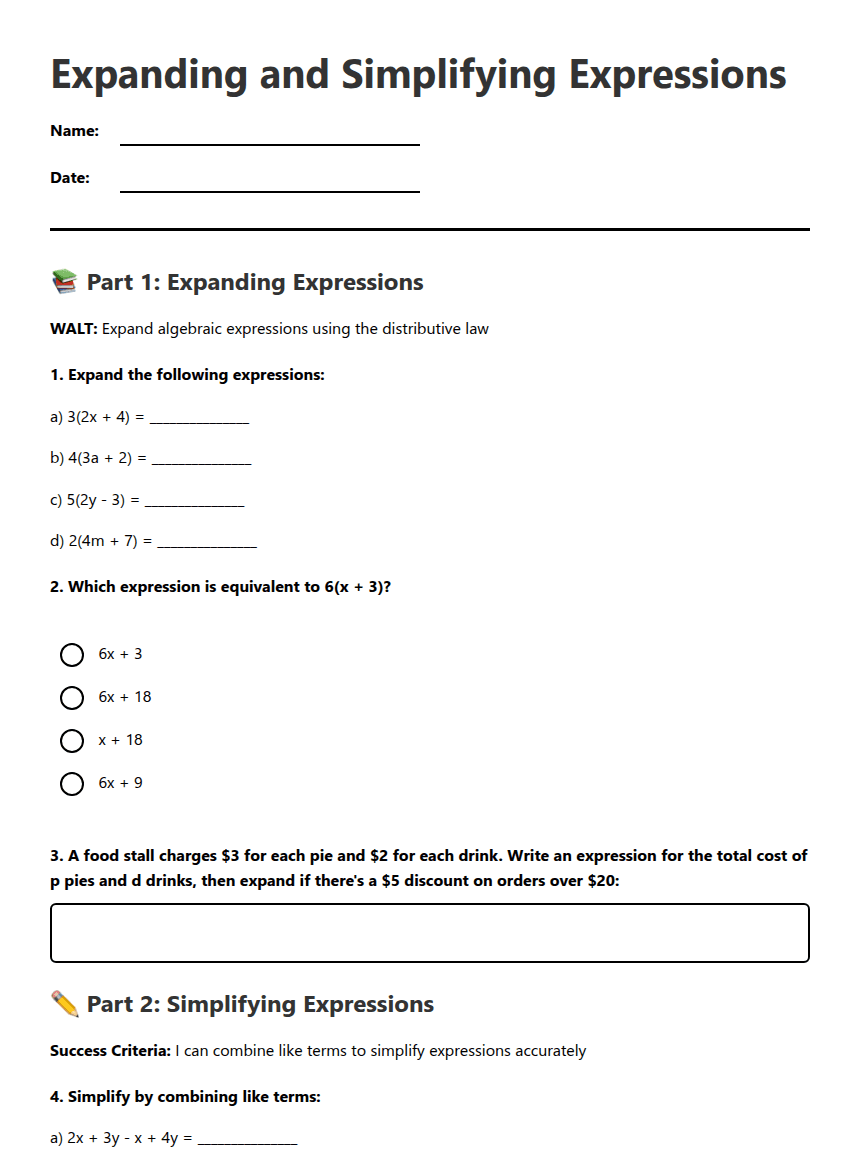 Expanding and Simplifying Expressions worksheet preview