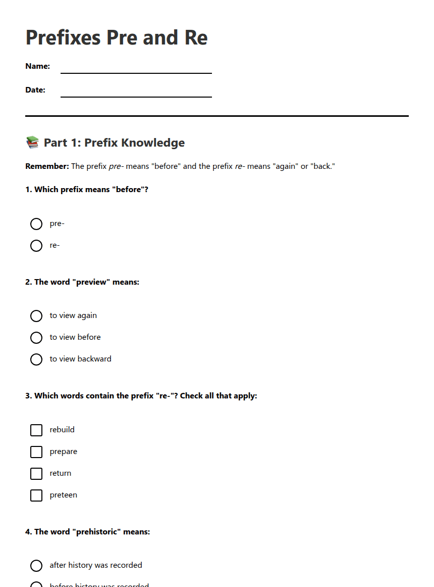Prefixes Pre and Re worksheet preview