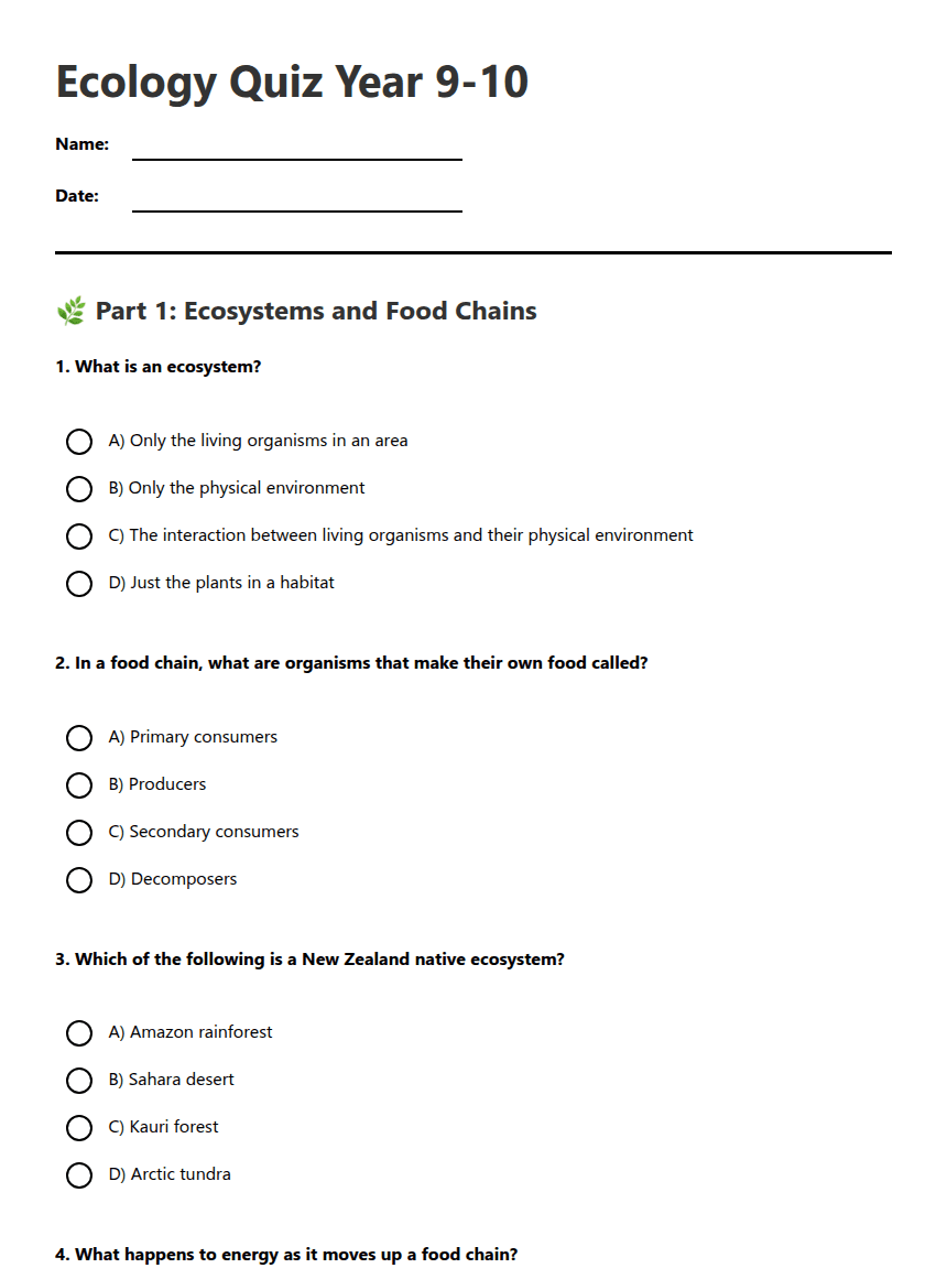 Ecology Quiz Year 9-10 worksheet preview