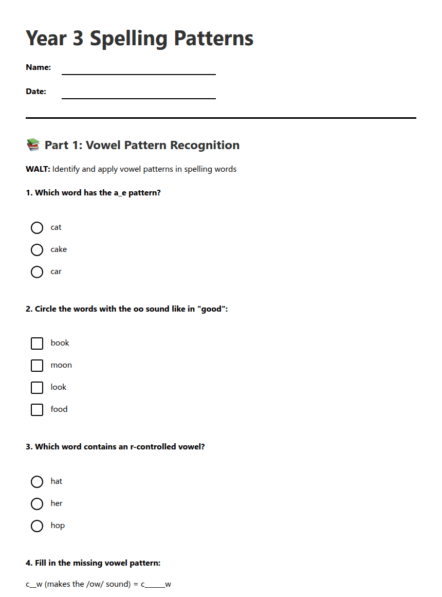 Year 3 Spelling Patterns worksheet preview