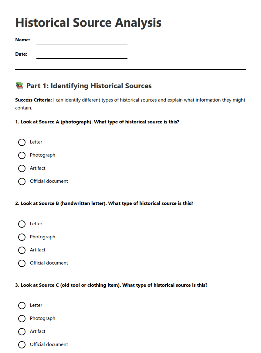 Historical Source Analysis worksheet preview