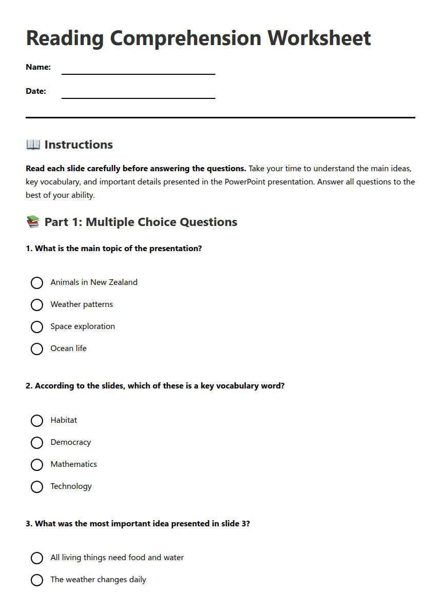 Reading Comprehension Worksheet worksheet preview