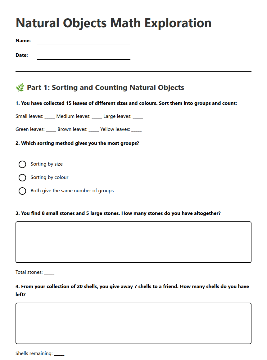 Natural Objects Math Exploration worksheet preview