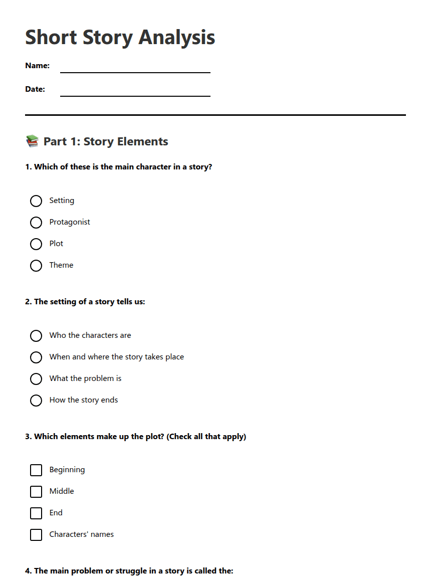 Short Story Analysis worksheet preview
