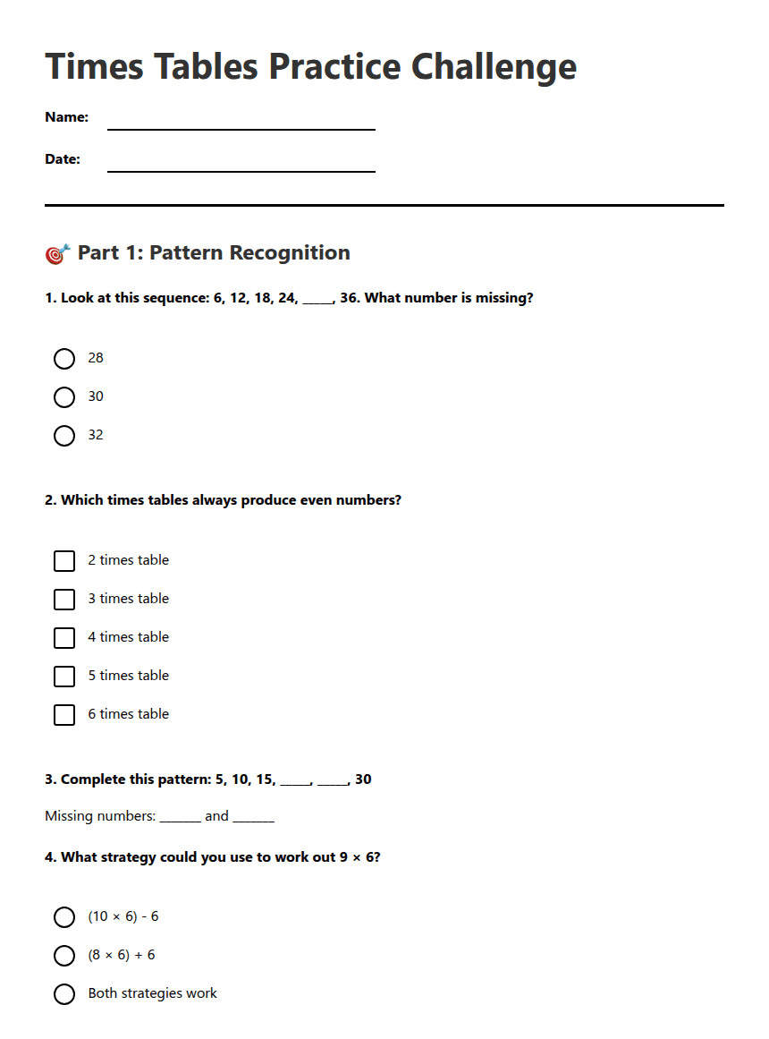 Times Tables Practice Challenge worksheet preview